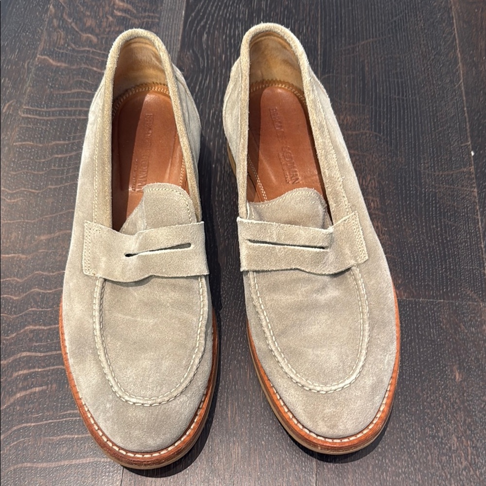 Tan Suede Penny Loafers with Contrasting Sole